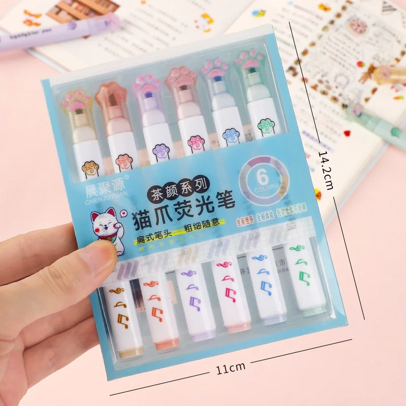 6 Pieces Set Kawaii Cat Paw Highlighter 6 Colors Slanted Tip Markers Liquid Ink for Student School Stationery Office Supplies highlighter marker,art marker,marker pen