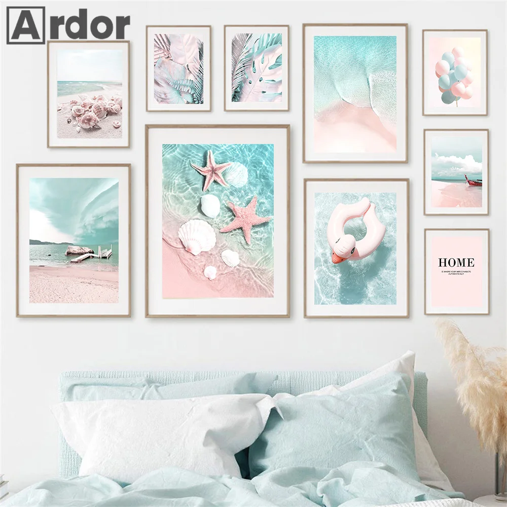 

Pink Beach Balloon Coconut Tree Leaves Wall Art Canvas Painting Nordic Posters And Prints Wall Pictures For Living Room Decor