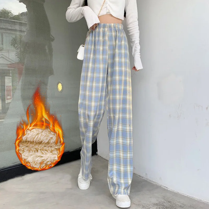 Women Fleece Inside Plaid Pants Autumn Winter Female Elastic Waist Stright Long Wide leg pants Casual Female Pants Trousers