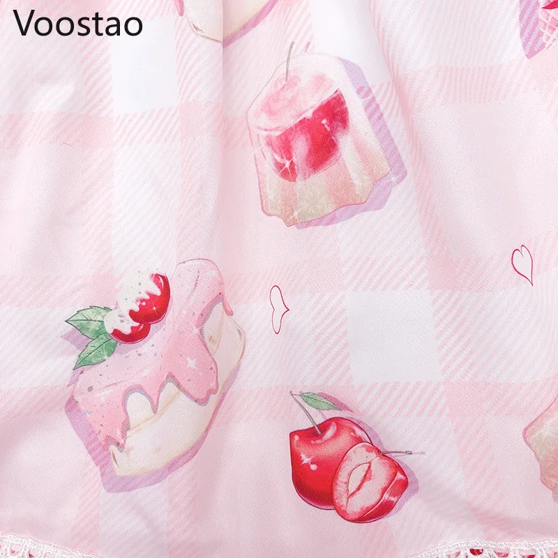 Japanese Style Sweet Lolita Jsk Dress Girls Harajuku Cute Pink Cherry Print Party Sling Dress Kawaii Ruffles Sleeveless Dresses