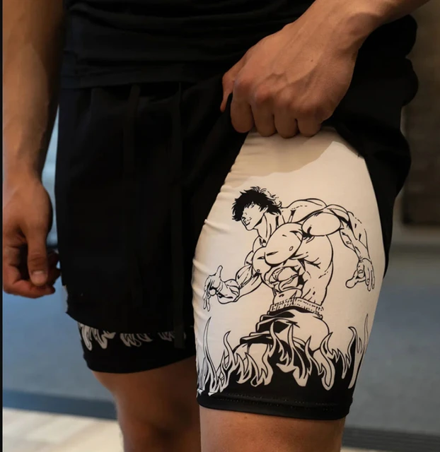 Men's Anime Hanma Baki Fitness Shorts Printed Black Double Layer 2 In 1  Quick-drying Shorts