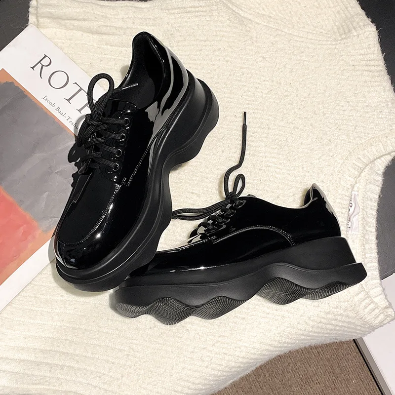 

New Four-season Women's Leather Shoes, Fashionable Casual Shoes, Lace-up Thick-soled Wavy-soled Genuine Leather Loafers