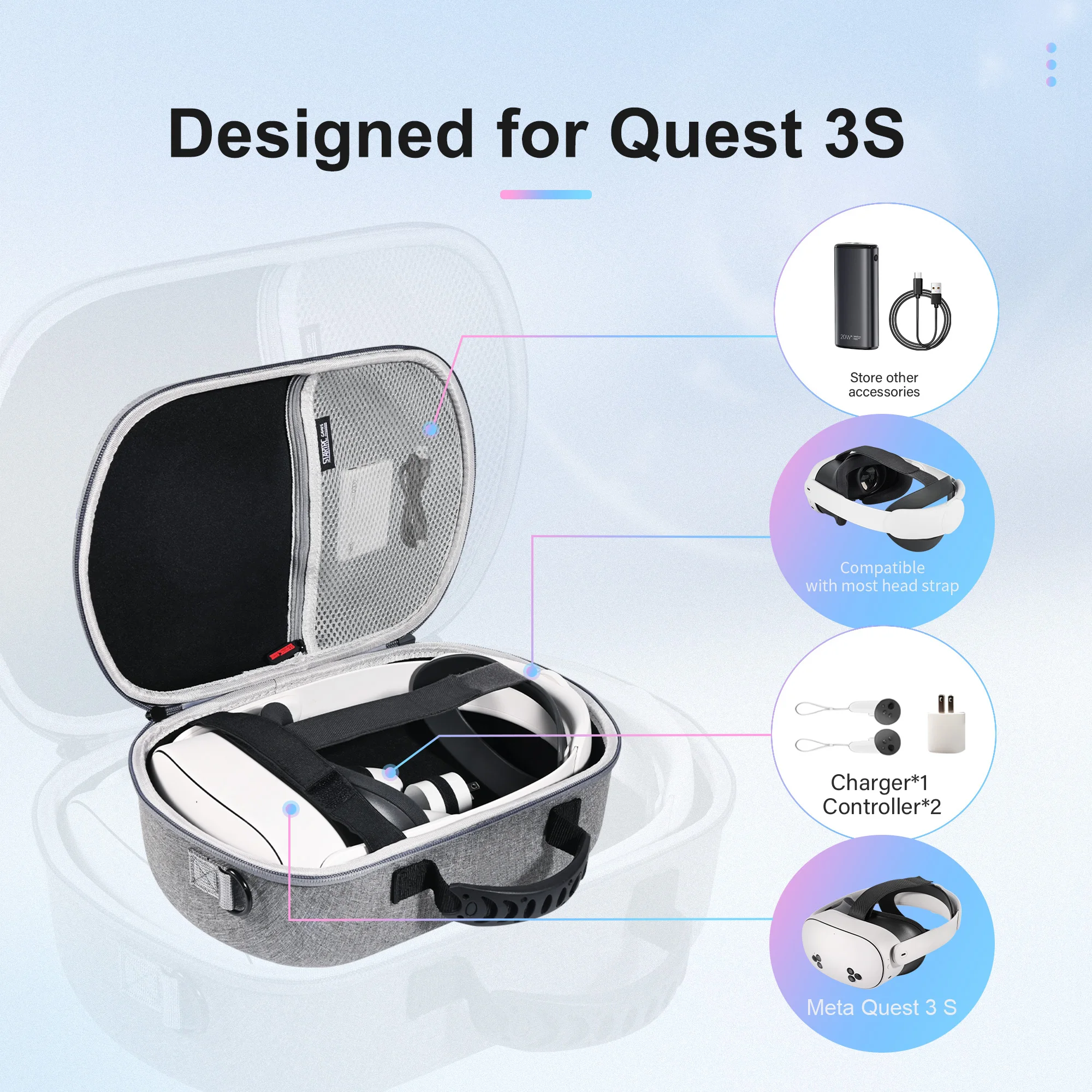 메타 퀘스트 3S/퀘스트 3/비전 프로용 하드 케이스, VR 헤드셋, 엘리트 스트랩 및 터치 컨트롤러와 호환되는 공식 제품