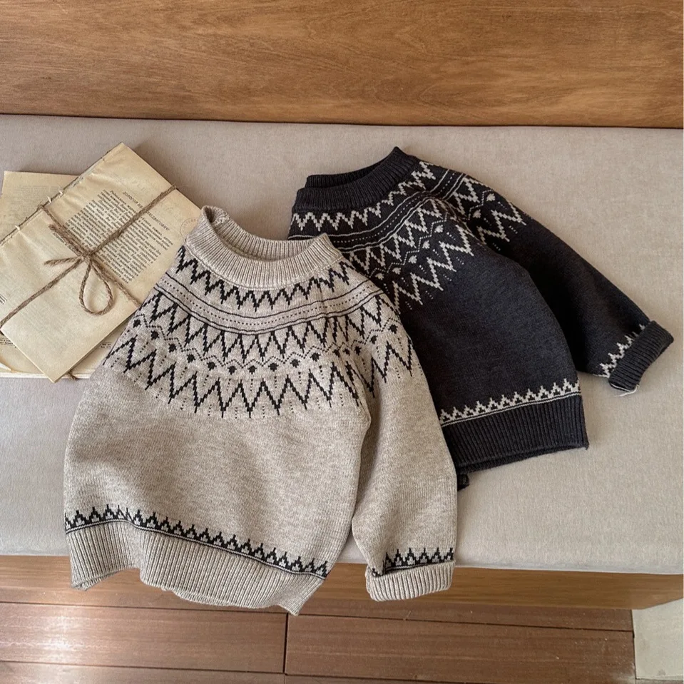 2025 겨울 아동 니트 스웨터 남아 여아용 긴 소매 니트 풀오버 빈티지 용 따뜻..