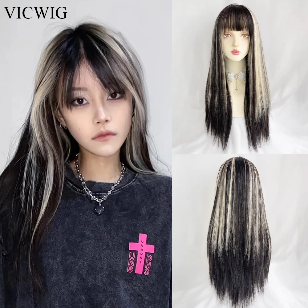 

VICWIG Synthetic Ombre Blonde Black Mixed Long Straight Women Wig with Bangs Lolita Cosplay Natural Fluffy Hair Wig for Party