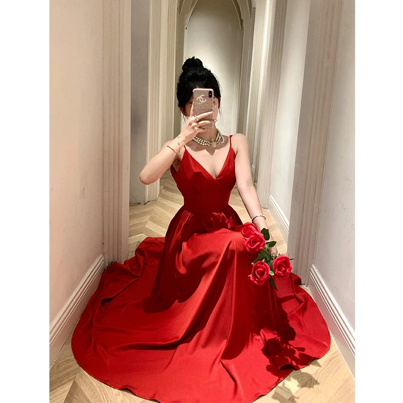 Sexy Spaghetti Strap Evening Party Dress V-neck A-line Solid Vintage Long Dresses for Women Wedding Prom Robe One Piece Vestidos