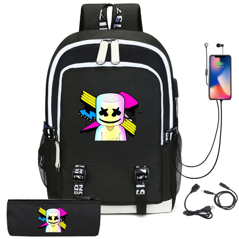 Повседневный дорожный рюкзак DJ Marshmello для ноутбука, комплект из 2 предметов для мальчиков и девочек, школьная сумка на плечо для косплея, дорожный ранец