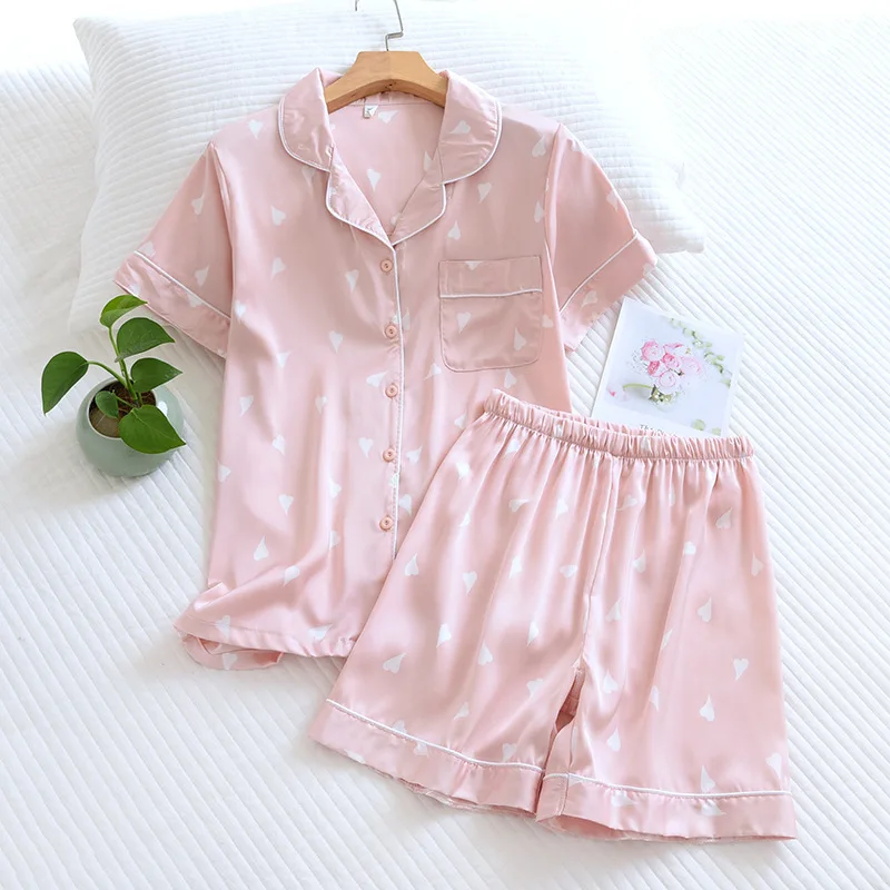 

Pink love Satin Pajamas With Shorts Sleepwear Suit Ice Silk Pyjama For Women Short Sleeve Casual Pajama Sets Women Homewear New
