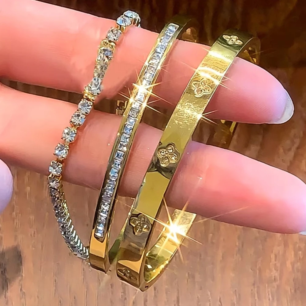 ZAKOL 1/3pcs Gold Color Stainless Steel Bracelets Trendy Sparkling Zircon Inlaid Non-fading Bangle Stacking Jewelry 2