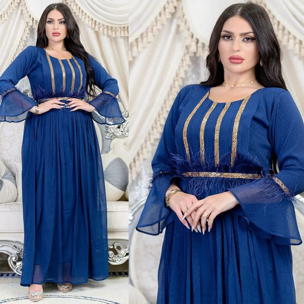 Morocco Muslim Party Dress Feather Diamond Chiffon Abaya Dubai Jalabiya for Women Elegant Modest African Islam Clothing Kaftan