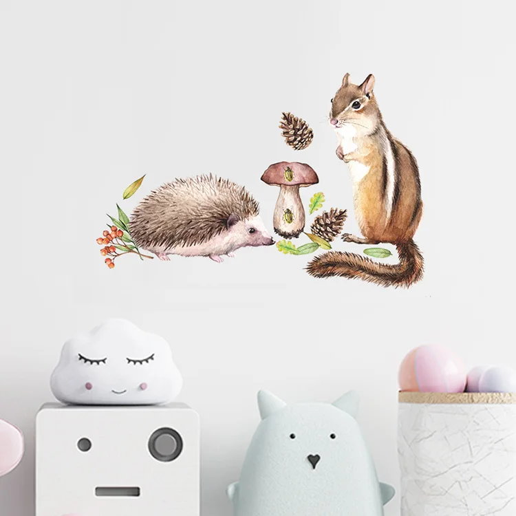 Cartoon-Wandaufkleber mit Eichhörnchen und Igel für Kinderzimmer, Schlafzimmer, Dekoration, Wandbild, Tapete, Heimdekoration, Kinderzimmer, niedliche Tiere, Aufkleber – Detail 3