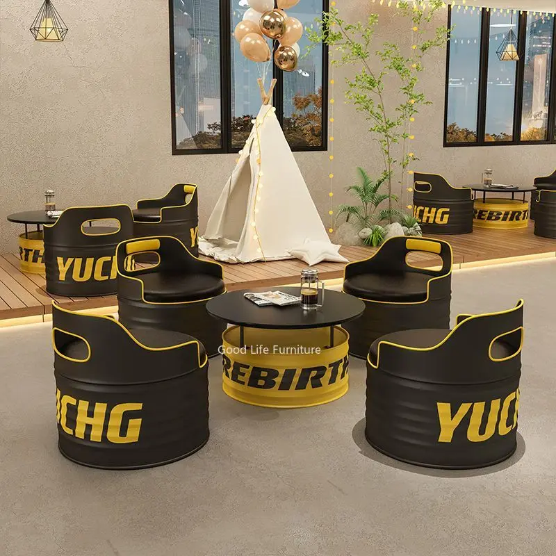 Cafe Table and Chair Combination Industrial Wind Oil Bucket Sofa Bar Booth Milk Tea Barbecue Bar Outdoor Table and Chair