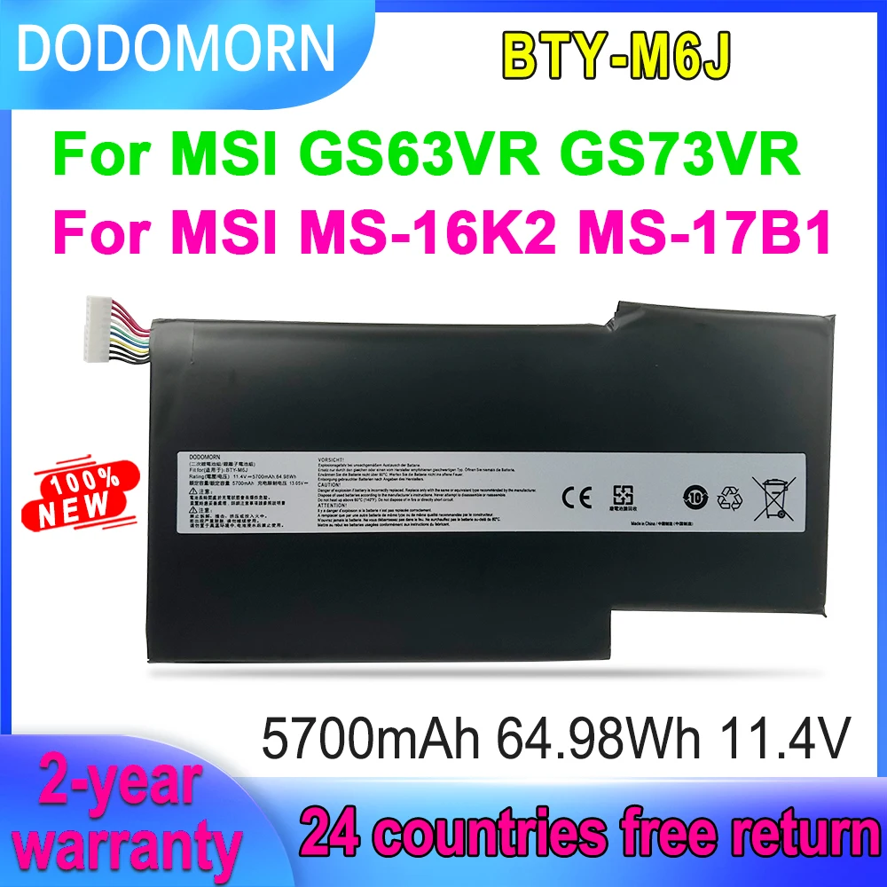 

DODOMORN BTY-M6J Laptop Battery For MSI GS63VR GS73VR 6RF-001US 7RF-258CN MS-16K2 MS-17B1 Series 11.4V 64.98Wh 5700mAh In Stock