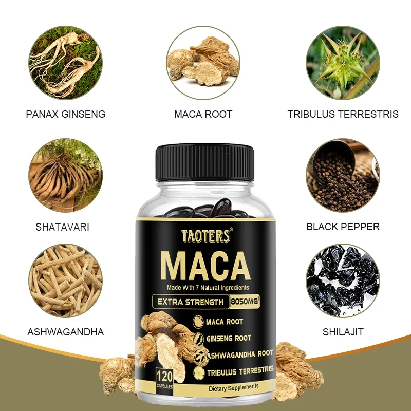 Maca Capsules-Contains 7 natural formula ingredients for men's health and vitality, energy, muscle support