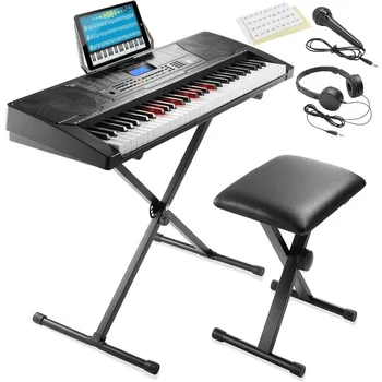 61-Key Digital Electronic Keyboard Piano with Light Up Keys,Beginner Kit Includes Stand,Stool,Headphones,Mic and Keynote Sticker