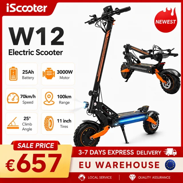 Trottinette électrique tout-terrain iScooter W12 11 pouces, double motorisation, 3000W, 25Ah, autonomie maximale 100 km, vitesse maximale 70 km/h, pliable. 1