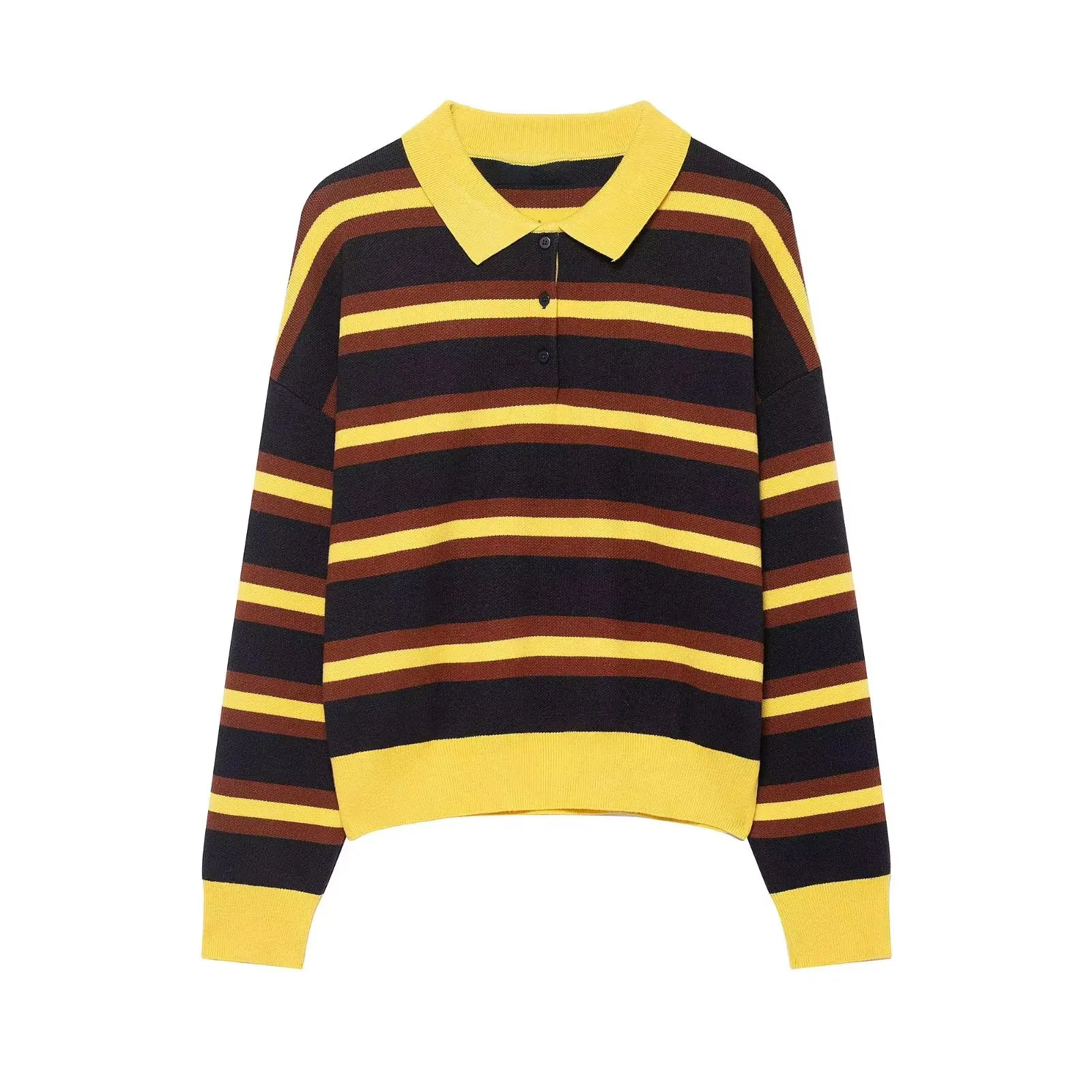 HH Frauen Trend Casual Gestreifte Gestrickte Pullover Pullover Revers Langarm Pullover Hemd Frühling Mode High Street Lady Chic Tops – Detail 2