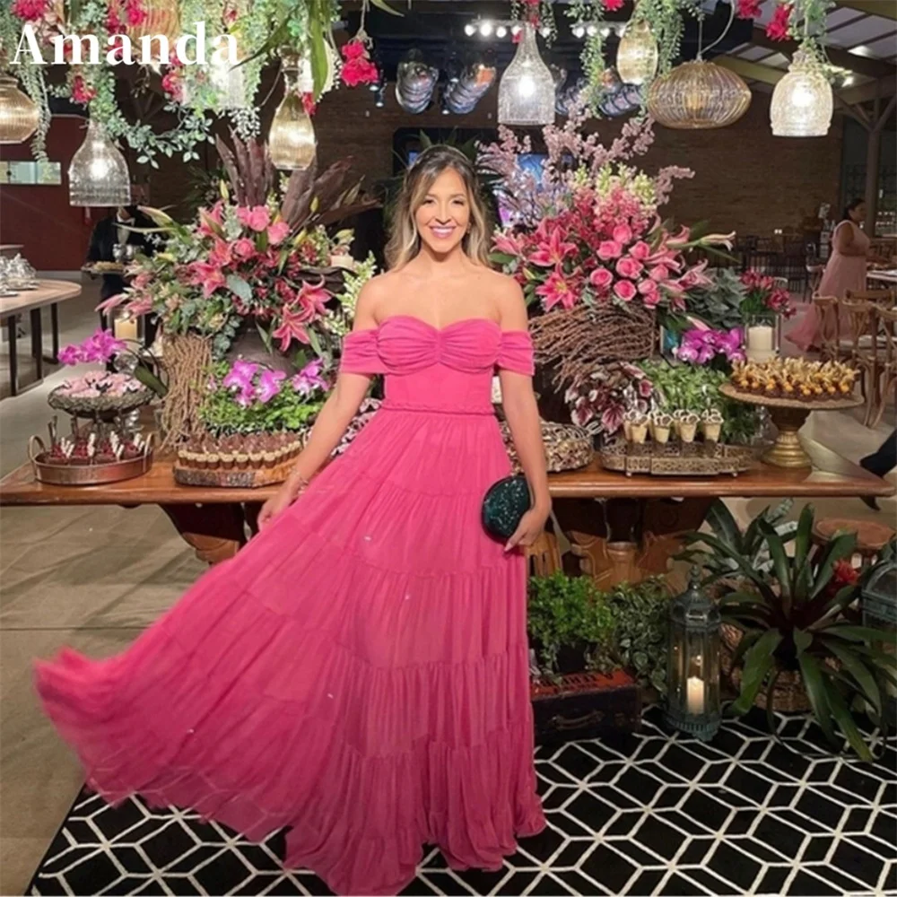 

Amanda Hot Pink Evening Dress Multilayer A-line Prom Dress 2023 Elegant Off Shoulder Vestidos De Noche فساتين مناسبة رسمية