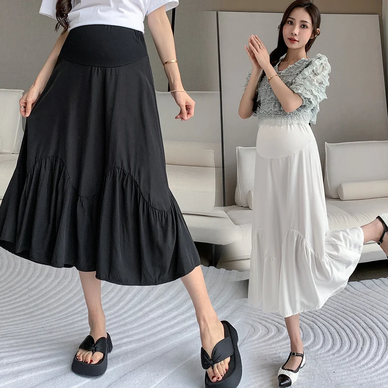 French Style Pregnant Woman High Waist A-line Summer Lightweight Maternity Skirt Umbrella Irregular Ruffles Skirt Black White