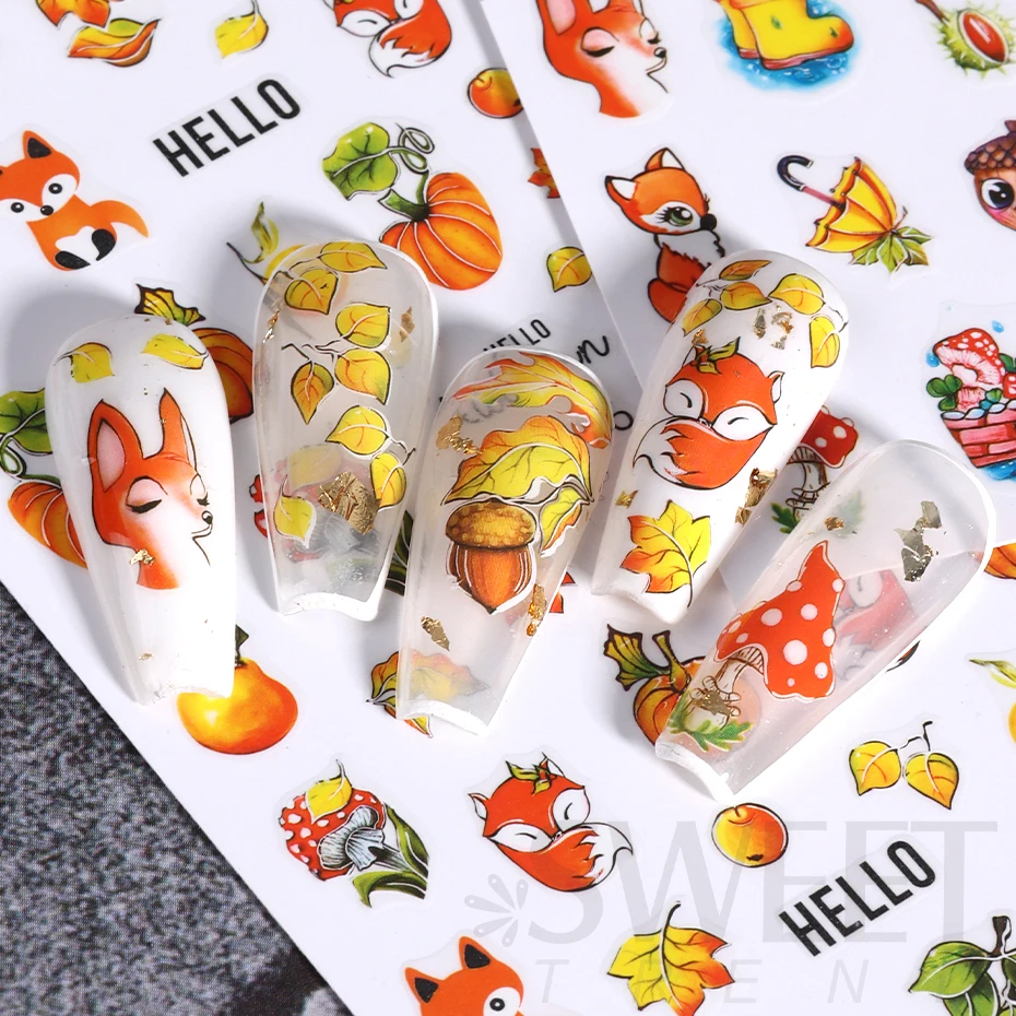 Kalolary Herbst Nagelsticker 12 Blätter – 3D Aufkleber Mit Ahorn, Kürbis, Eichhörnchen Für DIY