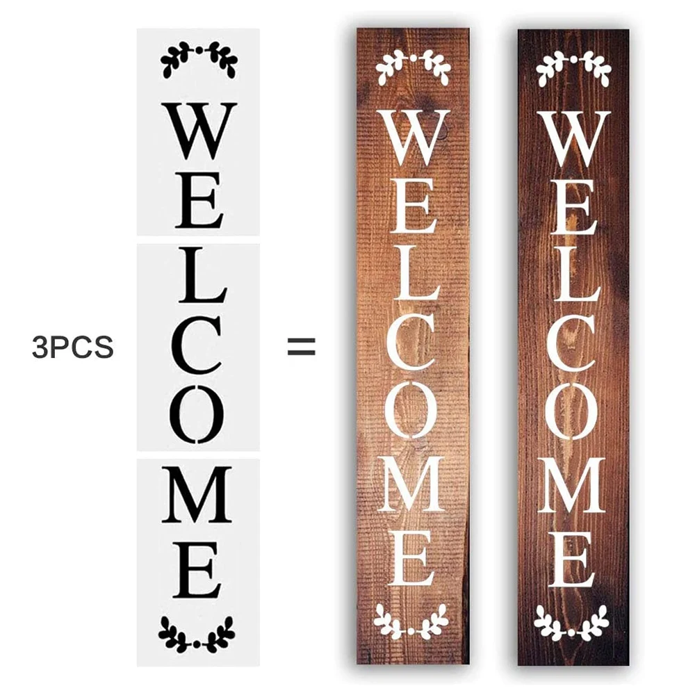 Welcome Sign Stencil, Large Letter Stencils for Painting on Wood Reusable Porch Sign and Front Door Vertical Decorating