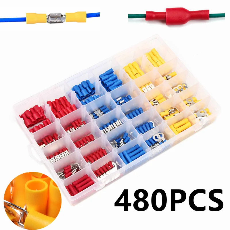 

480PCS Insulated Crimp Terminal Spade Butt Ring Fork Set Ring Lugs Rolled Terminals Kits Electric Wire Connector Assorted Kit