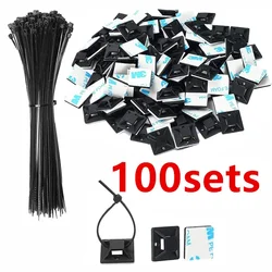 Sleek Black Self - Adhesive Cable Tie Mounting Clips - 100 Pack (100Sets)