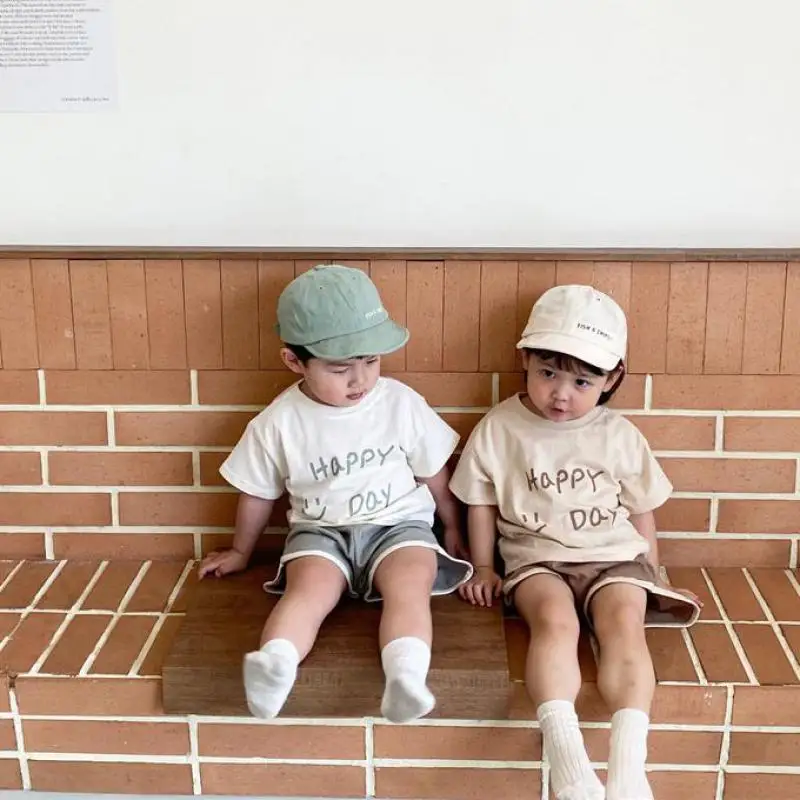 Baby Boy Summer Sports Set Girl Simple Smiley Letter Short Sleeves Tops Casual T-shirt Kid Loose Comfortable Cotton Shorts Suit baby outfit matching set
