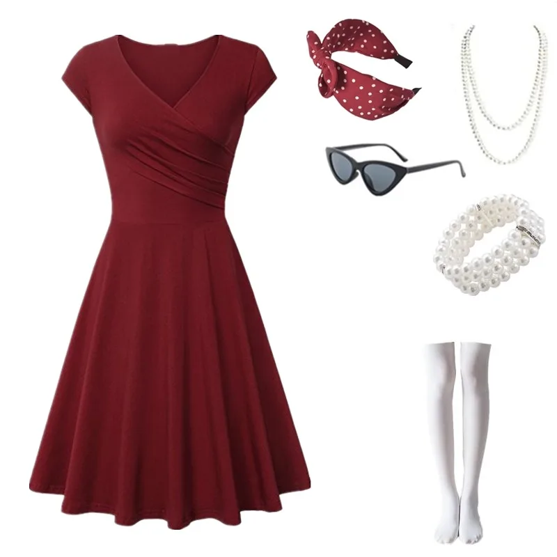 

Female Solid Dress Knee-Length Short Sleeve Summer Empire Pleated Dresses A-line V-neck Simple Laides Casual Club Party Dress