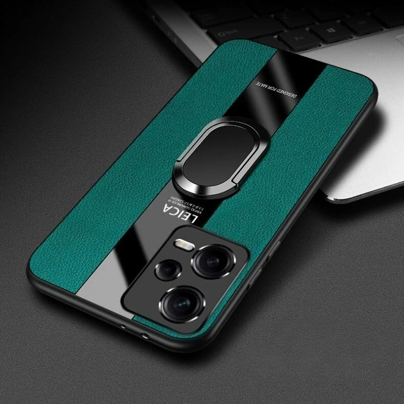 Luxury Leather Shockproof Magnetic Ring Stand Phone Case with Bumper Protection