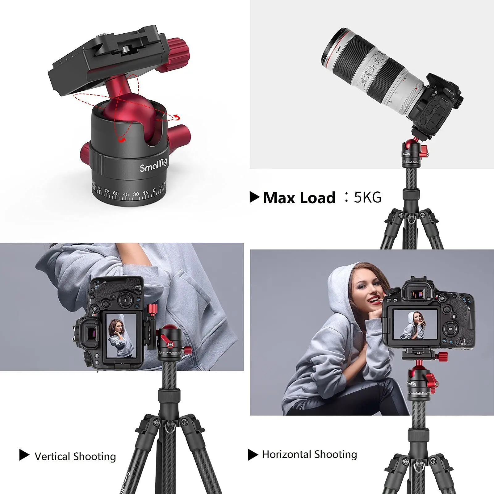 SmallRig 알루미늄 파노라마 볼 헤드, 최대 5kg 보관, 1/4-3/8 나사 어댑터, 1/4 인치 퀵 슈 플레이트 3034
