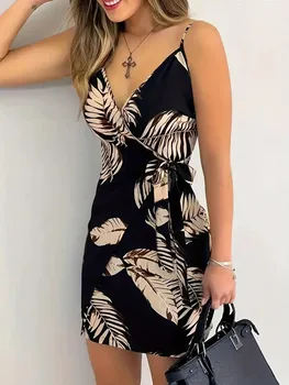 Women's Floral Print Spaghetti Strap Mini Dress Casual Tie-Front Detail Comfortable Fit Mini Dress for Casual Wear Women's Summe 1