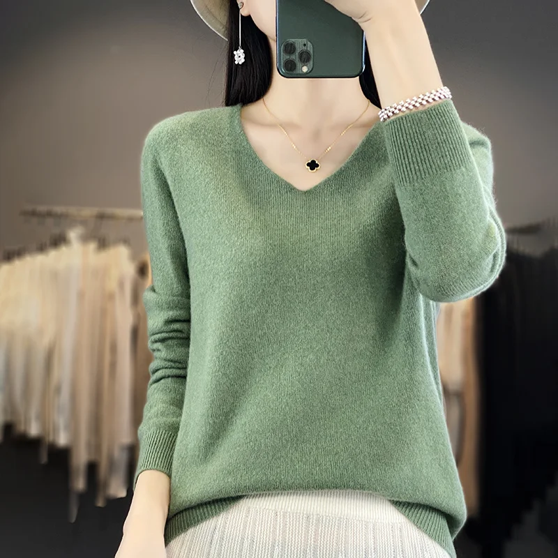 Women 100% Merino Wool Sweater V-Neck Basic Pullover Autumn Winter Cashmere Clothing Long Sleeve Soft Knitwear Tops Solid Color 3