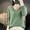 Women 100% Merino Wool Sweater V-Neck Basic Pullover Autumn Winter Cashmere Clothing Long Sleeve Soft Knitwear Tops Solid Color 3