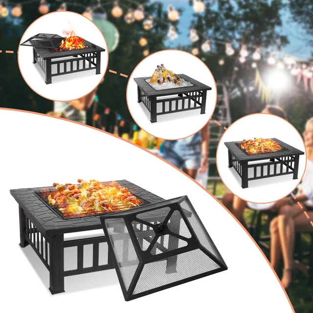 AOOU Steel Fire Pits for Outside, 32'' Square Wood Burning Fire Pit Table, Outdoor Patio BBQ Firepit Bonfire Party 1