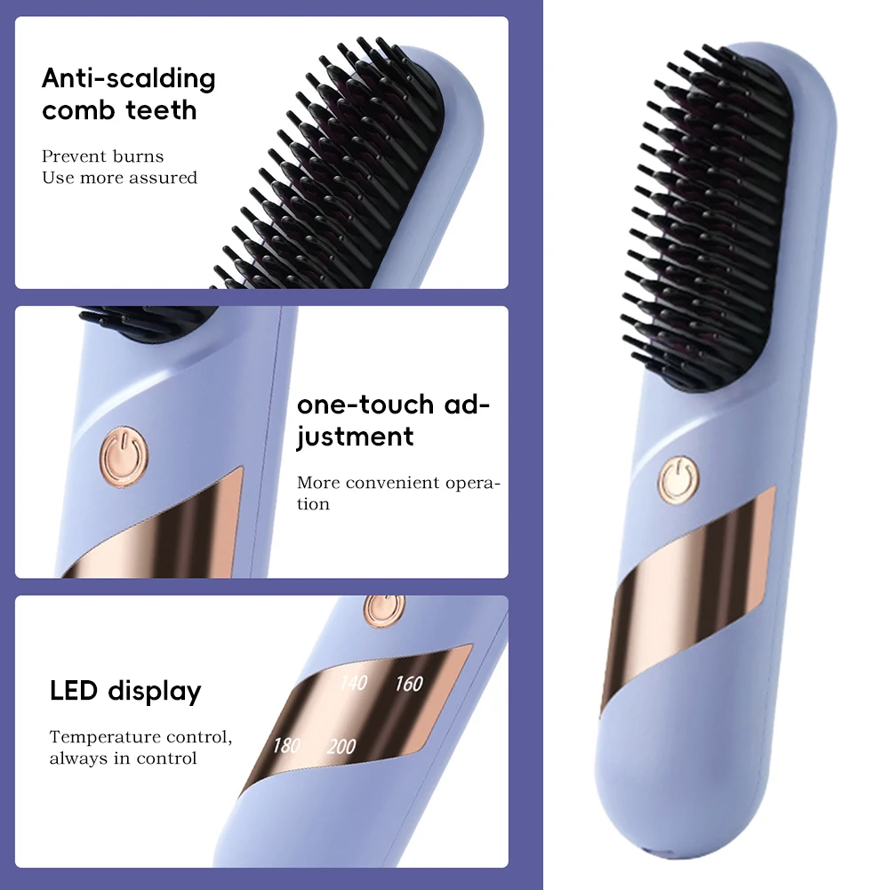 Electric LCD Usb Ceramic Heating Straight Hair Comb Wireless Portable Negative Ion Styling Tool Rechargeable Straightening Brush