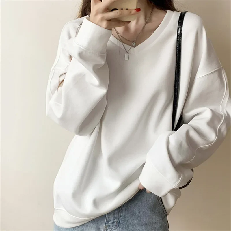 New Solid Color Ladies Winter Pullovers Tops Female Ins Women's Patchwork V-neck Casual Loose Autumn Fashionable Sweatshirt 2024