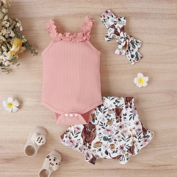 0-18M Infant Baby Girl 3Pcs Off Shoulder Romper Tops Bull Print Short Pants Head Band Summer Clothing 2