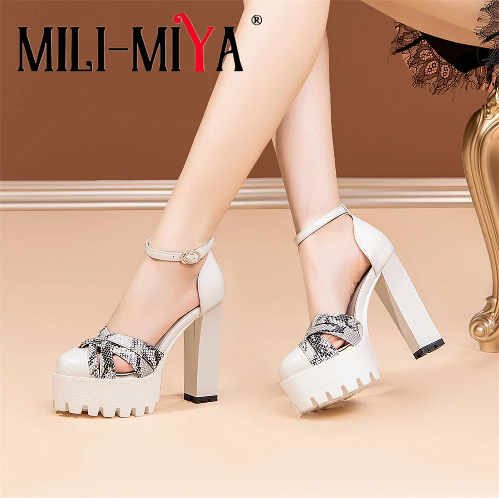 

MILI-MIYA New Arrival Snake Pattern Mixed Color Women Cow Leather Pumps Super High Thick Heels Platform Dress Party Shoes