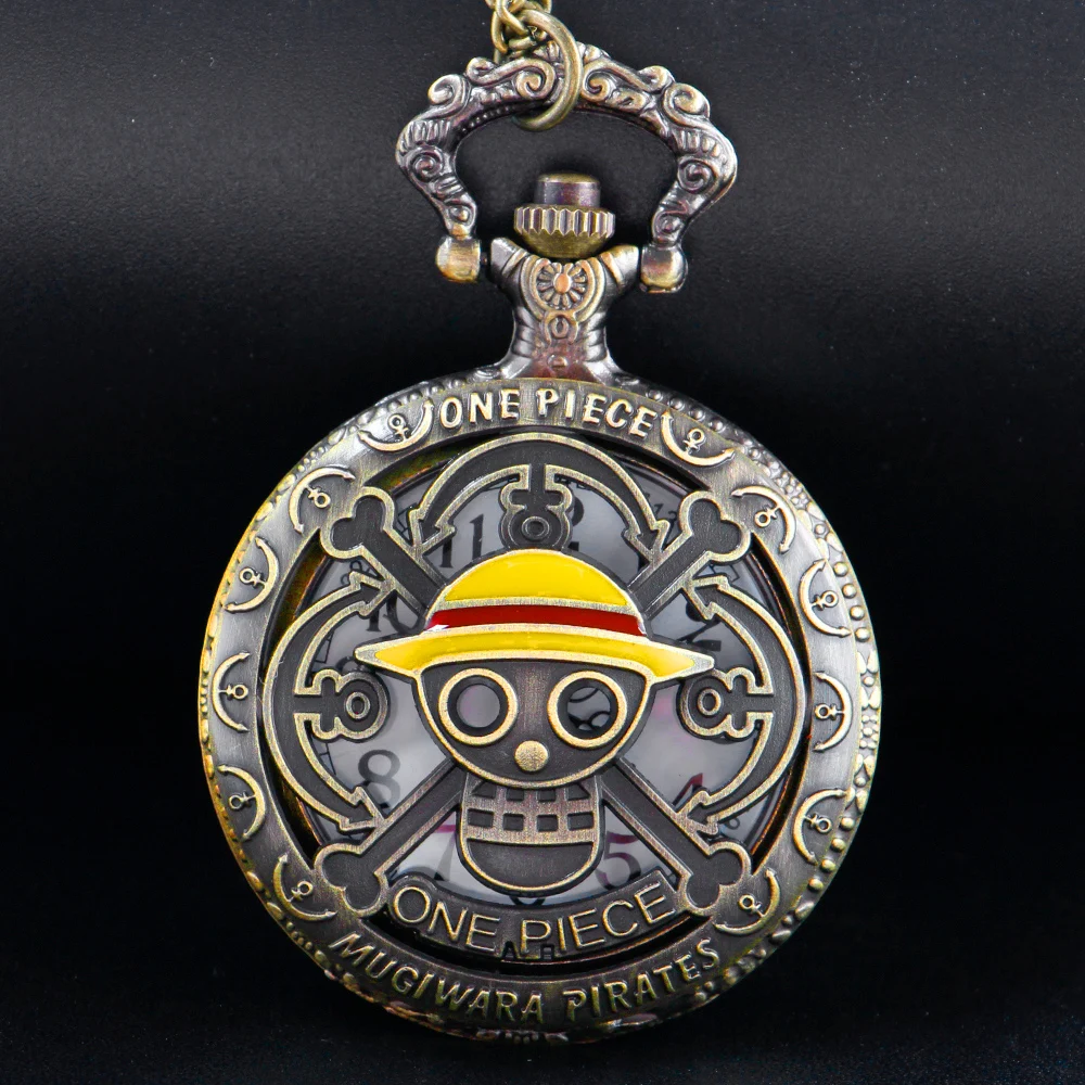Anime Theme Yellow Hat Pirates Skull Pattern Hollow Quartz Pocket Watch with Pendant Necklace Men's and Children's Gift