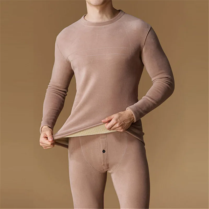 Ropa interior térmica de lana de invierno, Calzoncillos largos para hombre, conjuntos de ropa interior gruesa y cálida con cuello redondo sólido, Calzoncillos largos de alta calidad para hombre, Tops + Pantalones