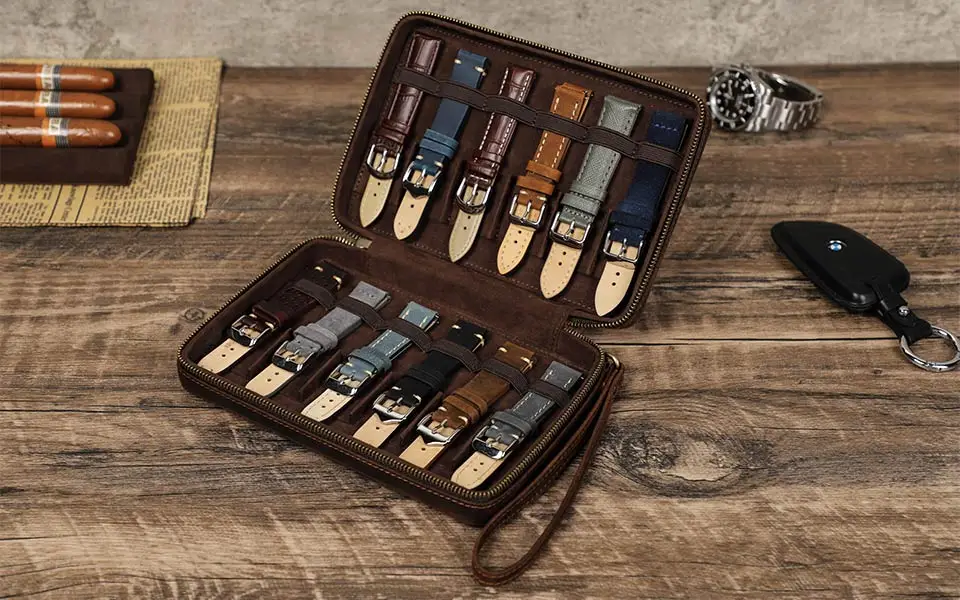 3 Slot Uhr Box Handgemachte Uhr Roll Reise Fall Armbanduhr Beutel 100% Kuh Leder Rutschte in Out Organizer Geschenke – Detail 1