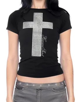2026 Women's Y2K Retro Hot Girl T-shirt Cross Rhinestone Embellished Slim Fit Short Sleeve Fashion New Streetwear Tops 1