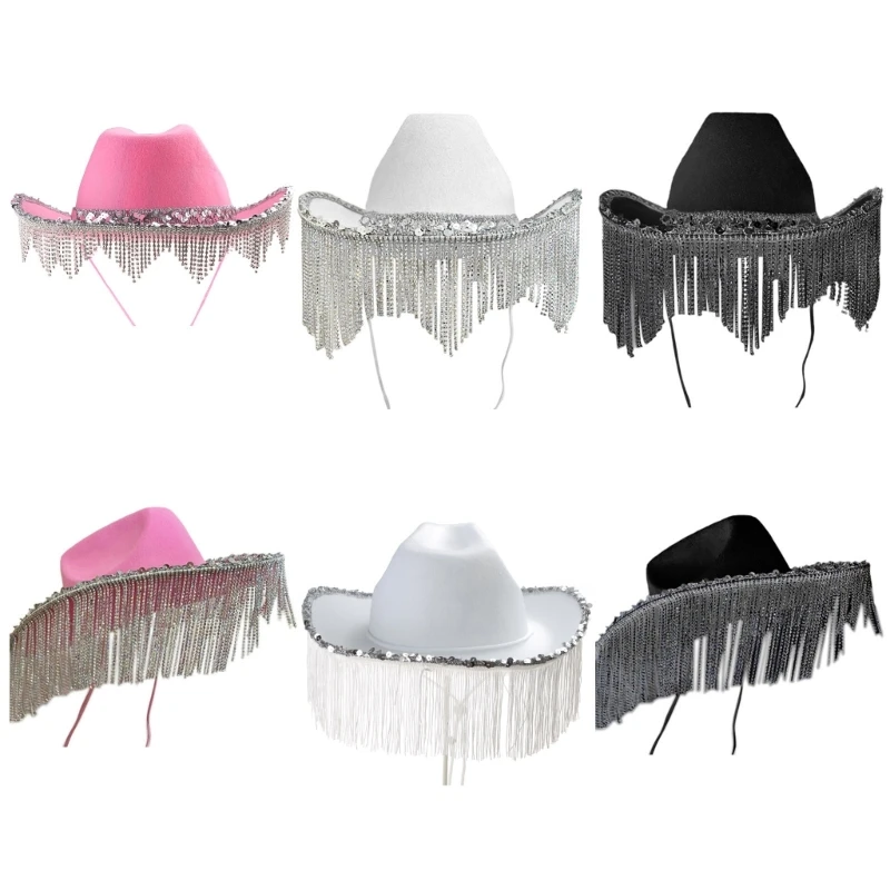 

Rhinestones Cowgirl Hats Glitter Sequins Cow Girl Hat with Rhinestones Fring Dropship