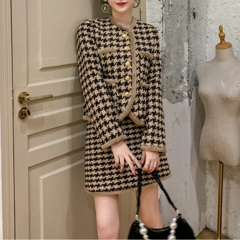 

Autumn Winter Fashion Houndstooth Small Fragrance 2 Piece Sets Women Outfit Long Sleeve Short Jacket Coat + Mini Skirt Suits