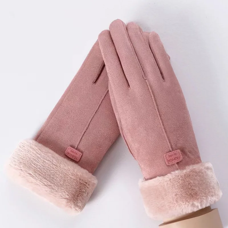 Women's Winter Suede Gloves Fleece Warm Windproof Full Finger Gloves Touchscreen Cold Weather Hiking Outdoor Sport Female Gloves