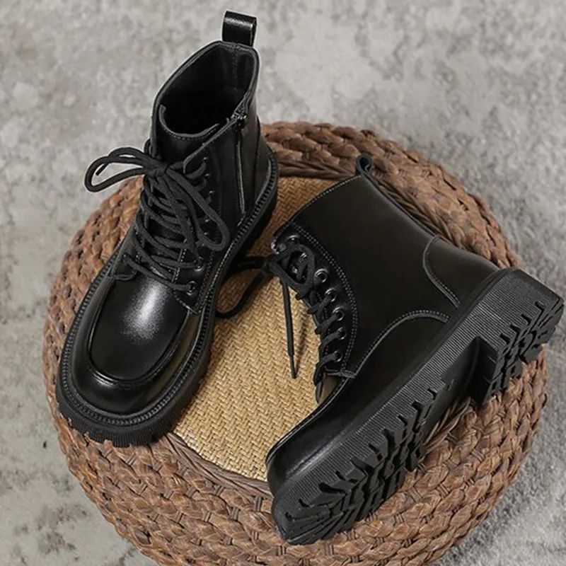 Classics Women Ankle Boots 2023 Platform Shoes for Woman  Fashion Round Toe Thick Sole Retro Lace Up Ankle Boots Botas De Mujer