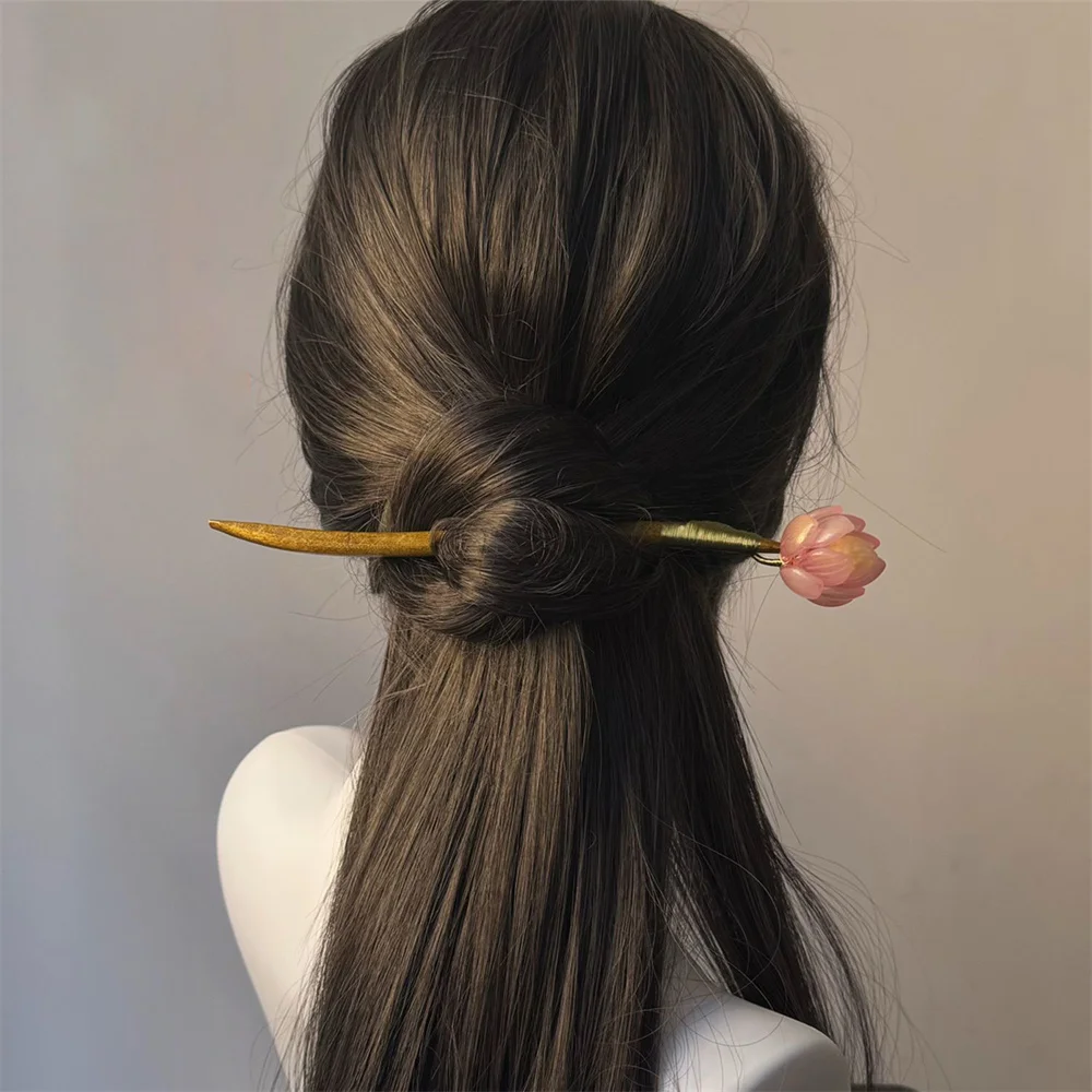 Vintage Neue Chinesische Kleine Lotus-Haarnadel Antike Holzscheiben-Haarspange Hanfu Kostüm-Accessoires – Detail 7