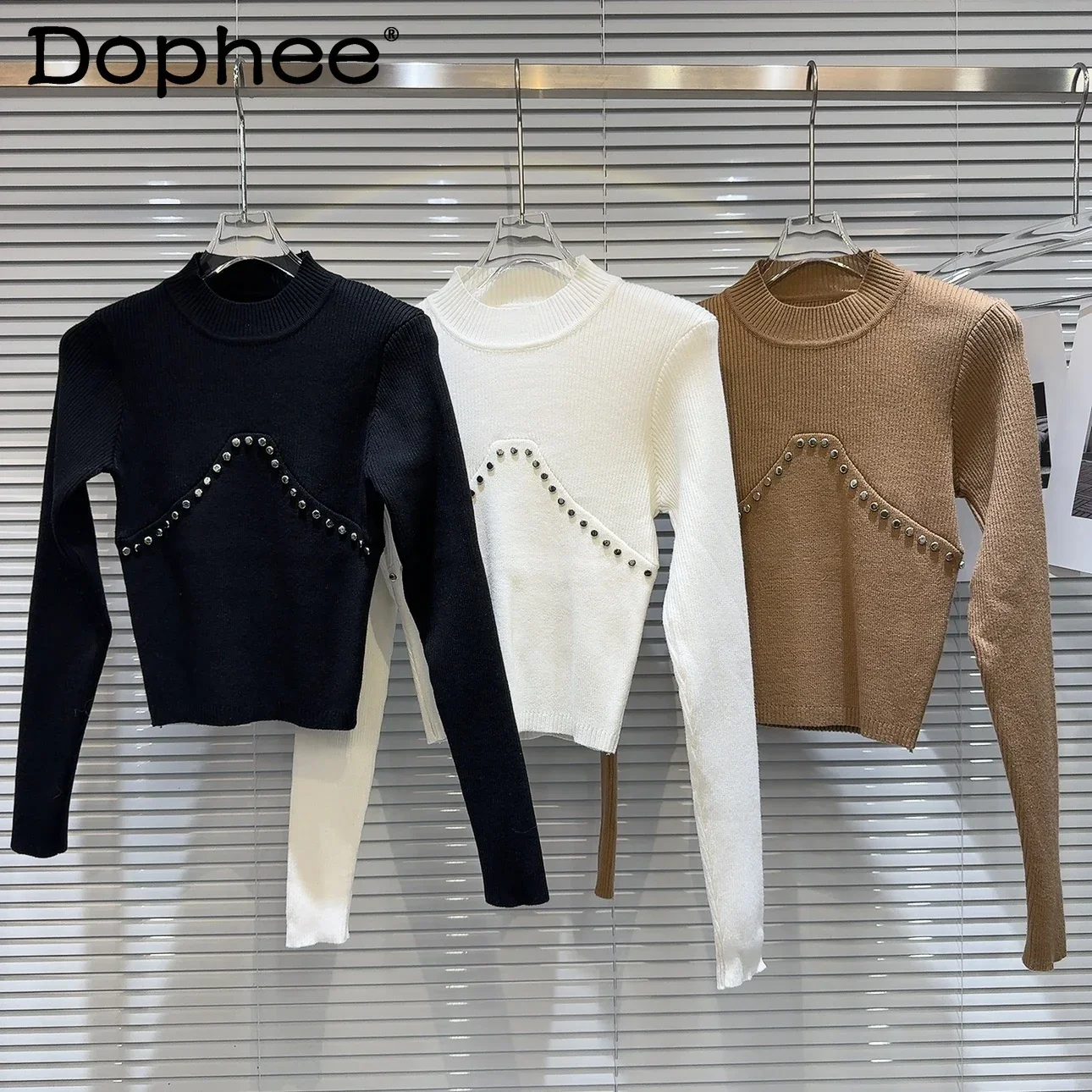 

Hot Girl Style Metal Rivet Slim-Fit Half Turtleneck Sweater 2023 Autumn Winter New Round Neck Long Sleeve Black Sweater Women