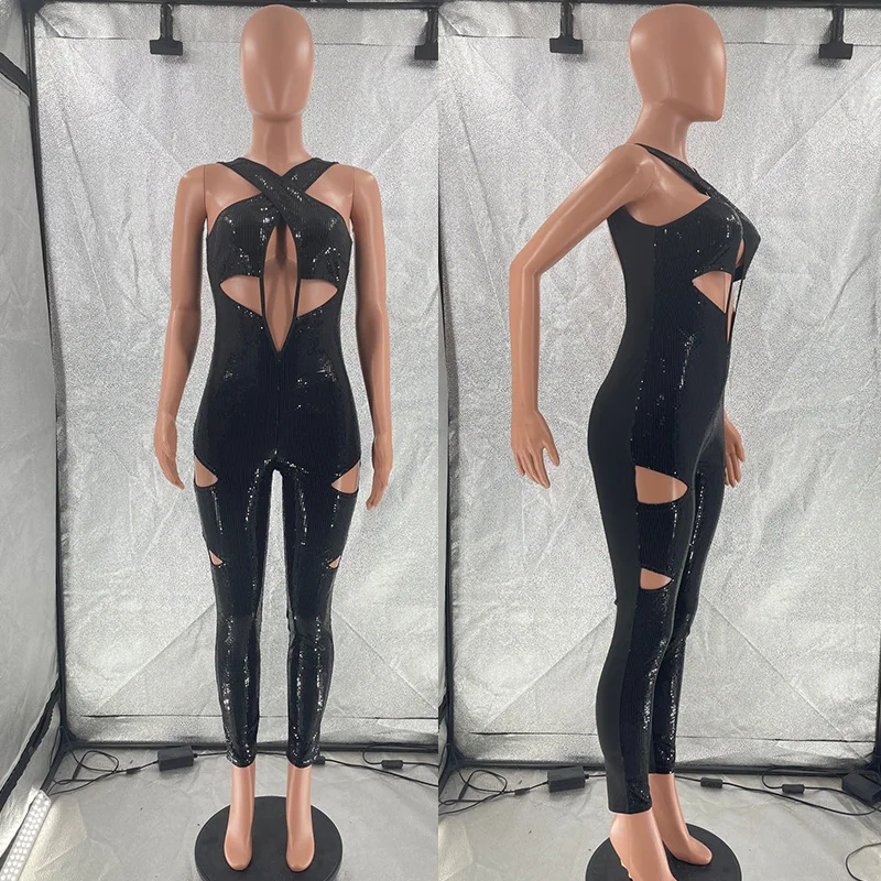 Sexy Hollow Out Sequin Jumpsuit Women Pencil Pants Party Club Rompers Black Backless Midnight Birthday One Piece Overalls Female